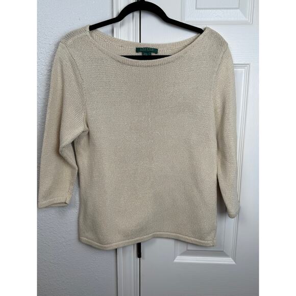 Lauren Ralph Lauren Mercerized Cotton Sweater L Cream Minimalist Y2K - Picture 1 of 6